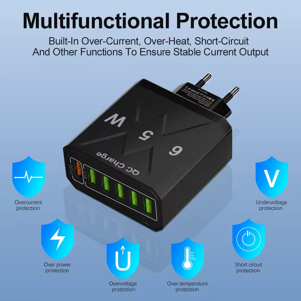 65W 6 Ports USB Charger Fast Charging QC3.0 Travel Charger For iPhone, Samsung, Xiaomi Mobile Phone. Adapter EU KR US UK Plug