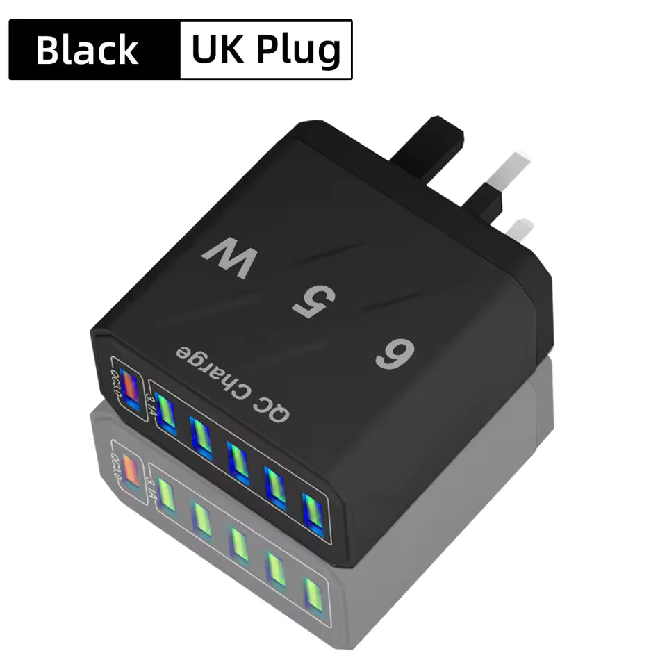 65W 6 Ports USB Charger Fast Charging QC3.0 Travel Charger For iPhone, Samsung, Xiaomi Mobile Phone. Adapter EU KR US UK Plug