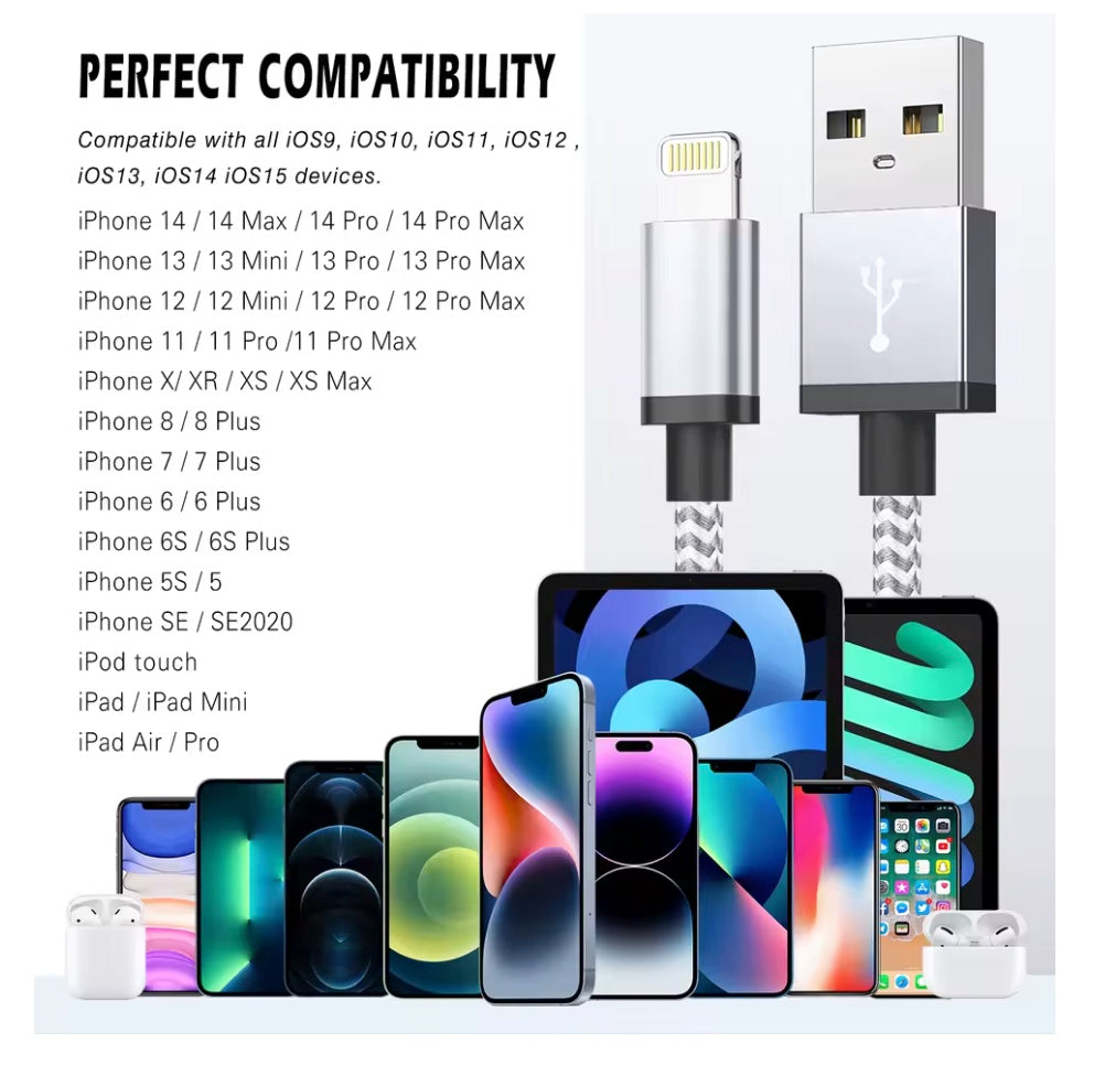 Fast Charging USB Charger Cable For iPhone 14 13 12 11 Xs Max Xr X 8 7 6 Plus iPad Origin Mobile Phone Long Data Cord 1m 2m 3m