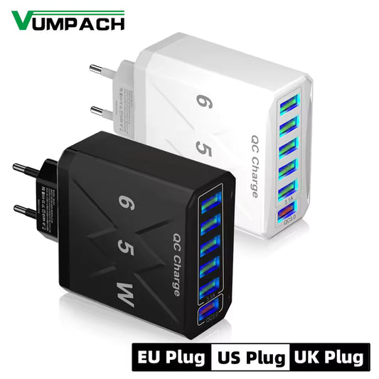 65W 6 Ports USB Charger Fast Charging QC3.0 Travel Charger For iPhone, Samsung, Xiaomi Mobile Phone. Adapter EU KR US UK Plug