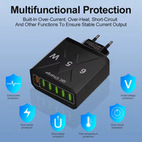 65W 6 Ports USB Charger Fast Charging QC3.0 Travel Charger For iPhone, Samsung, Xiaomi Mobile Phone. Adapter EU KR US UK Plug