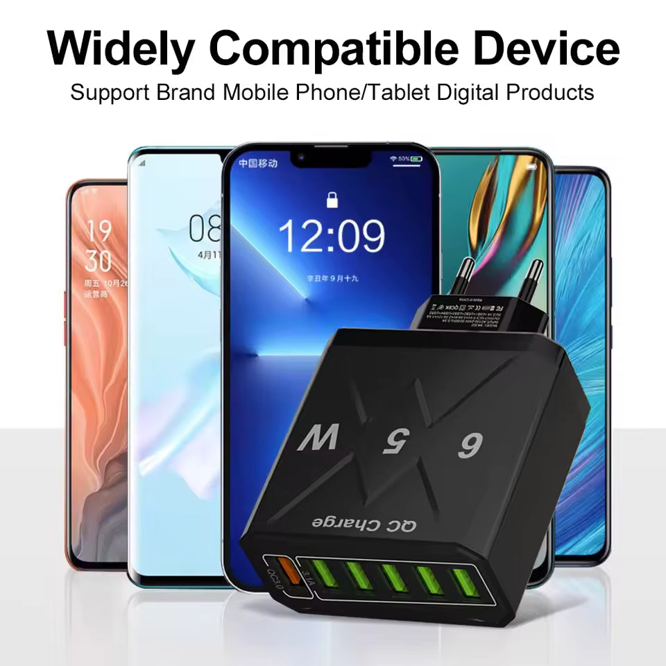 65W 6 Ports USB Charger Fast Charging QC3.0 Travel Charger For iPhone, Samsung, Xiaomi Mobile Phone. Adapter EU KR US UK Plug